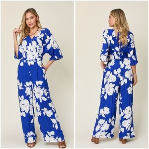 Blue Floral Printed Tie Back Wide Leg Jumpsuit
